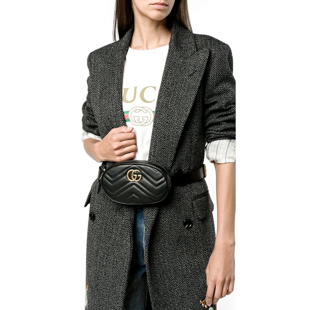 NEW GUCCI GG Marmont Matelasse Chevron Heart Black Leather Belt Bag Sz 85 cm - Picture 5 of 16